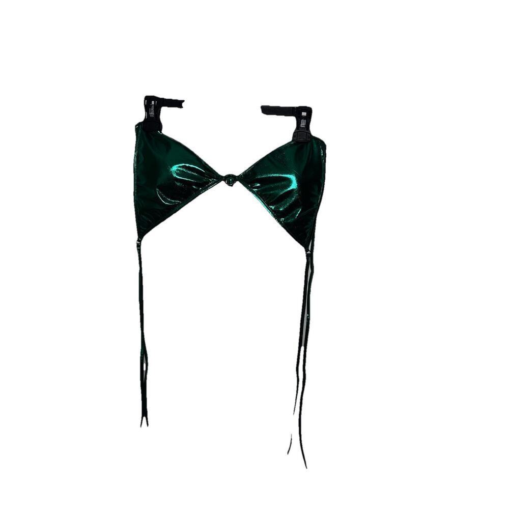 Women's Metallic Emerald Green Triangle Bikini Top Tie Adjustable Shiny XXL